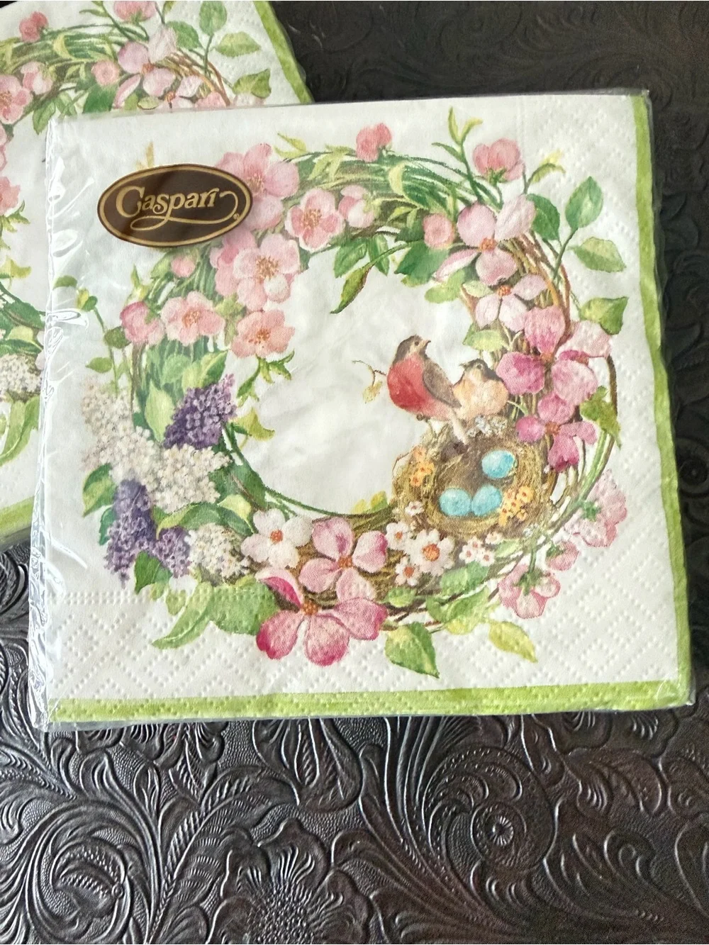 Three packages of Caspari napkins. 1 lunch 2 cocktail Floral Bird Paper Napkins